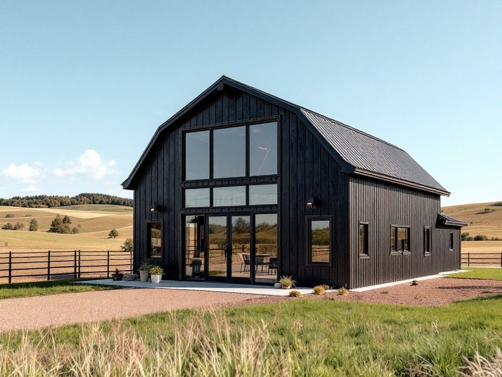 Modern black pole barn with large windows and a sleek design set in a rural landscape