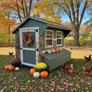 Green chicken coop decorated for fall with pumpkins, mums, and chickens in an autumn backyard.
