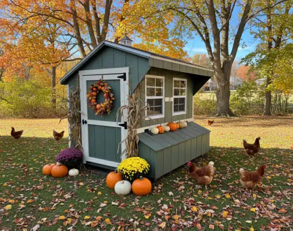 Green chicken coop decorated for fall with pumpkins, mums, and chickens in an autumn backyard.