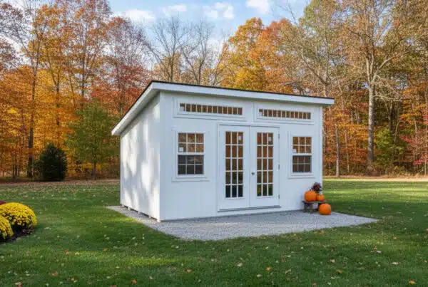 White modern leantoo office shed with double glass doors and transom windows, set on a gravel pad with fall foliage in the background.