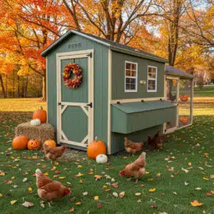 6x8 green chicken coop with cream trim, exterior nesting box, and fall wreath, surrounded by chickens, pumpkins, and hay bale, set on grass with colorful autumn trees.