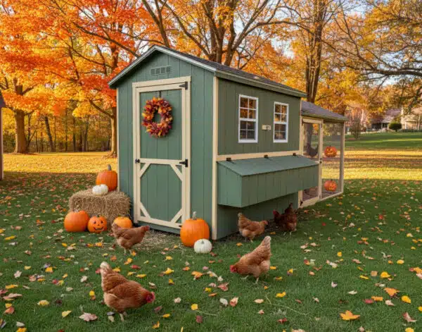 6x8 green chicken coop with cream trim, exterior nesting box, and fall wreath, surrounded by chickens, pumpkins, and hay bale, set on grass with colorful autumn trees.