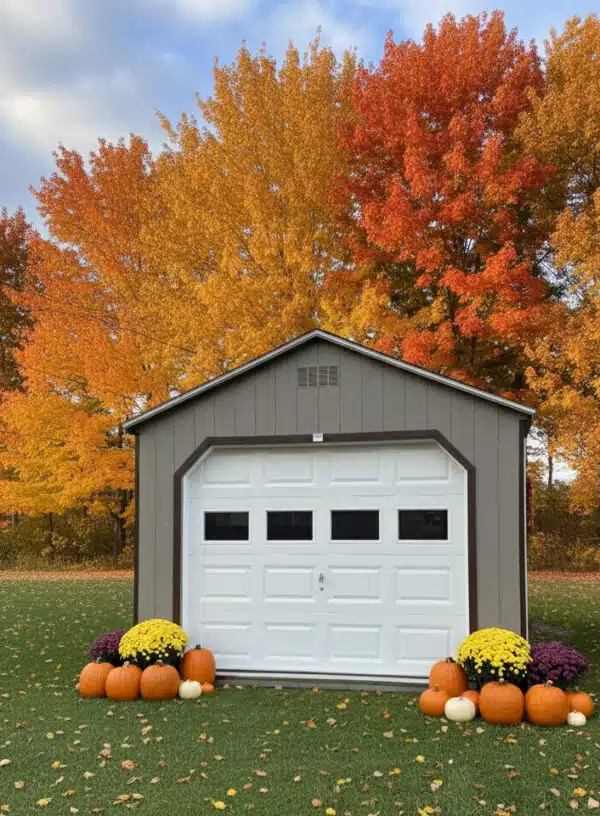 Gray single-car A-frame garage with white overhead door, brown trim, decorated with pumpkins and mums, set on green grass with colorful fall trees in the background.