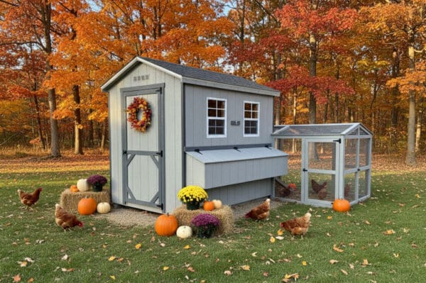 Gray 6x8 chicken coop with dark gray trim, exterior nesting box, attached run, and fall wreath, surrounded by pumpkins, mums, hay bales, and chickens, set on grass with colorful autumn trees.