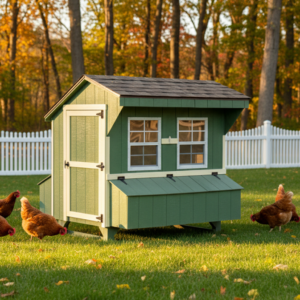 Green chicken coop with white trim in a grassy yard, surrounded by brown hens and a white picket fence with autumn trees in the background.