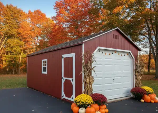 Red A-frame garage with white doors and trim, decorated with pumpkins, mums, and cornstalks for fall, set against colorful autumn trees.