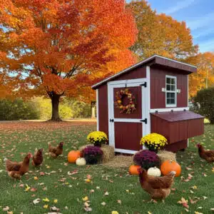Red 4x6 leantoo chicken coop with white trim and black hardware, decorated with a fall wreath, surrounded by pumpkins, mums, hay bales, and chickens, set on green grass with vibrant orange autumn trees in the background.