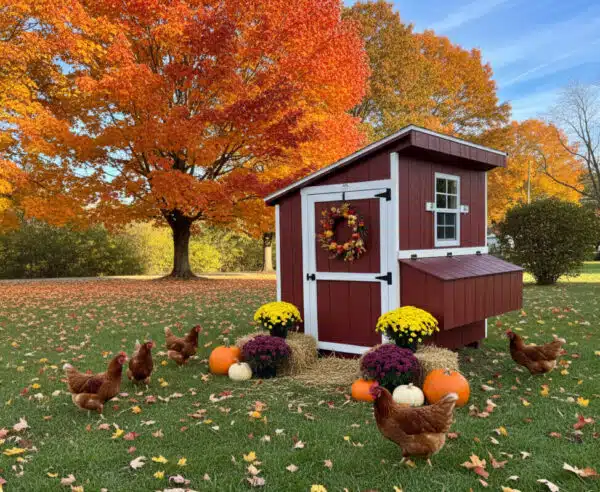 Red 4x6 leantoo chicken coop with white trim and black hardware, decorated with a fall wreath, surrounded by pumpkins, mums, hay bales, and chickens, set on green grass with vibrant orange autumn trees in the background.