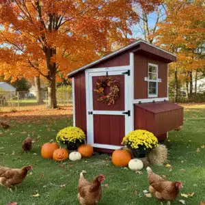 Red 4x6 leantoo chicken coop with white trim and black hardware, decorated with a fall wreath, surrounded by pumpkins, mums, and chickens, set on green grass with colorful autumn trees in the background.