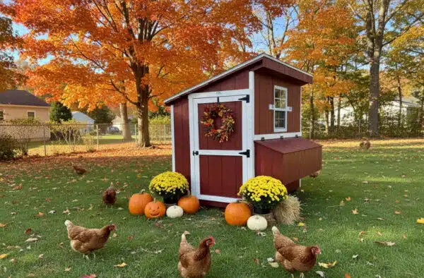 Red 4x6 leantoo chicken coop with white trim and black hardware, decorated with a fall wreath, surrounded by pumpkins, mums, and chickens, set on green grass with colorful autumn trees in the background.