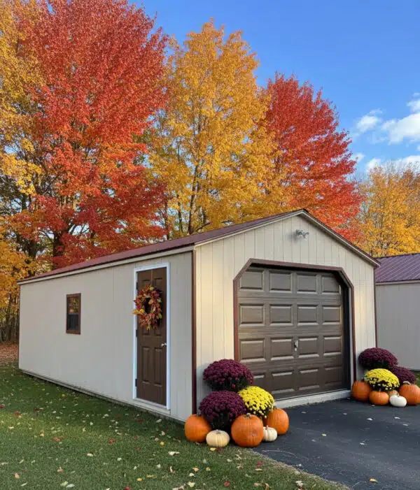 Tan A-frame single-car garage with brown doors and trim, decorated with a fall wreath, pumpkins, and mums, set against vibrant autumn trees.