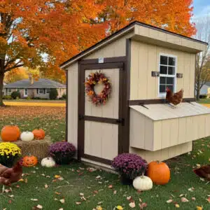 Stoltzfus tan 4x6 leantoo chicken coop with brown trim, decorated with a fall wreath, pumpkins, mums, hay bale, and surrounded by chickens on green grass with vibrant autumn trees in the background.
