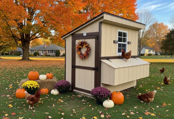 Stoltzfus tan 4x6 leantoo chicken coop with brown trim, decorated with a fall wreath, pumpkins, mums, hay bale, and surrounded by chickens on green grass with vibrant autumn trees in the background.