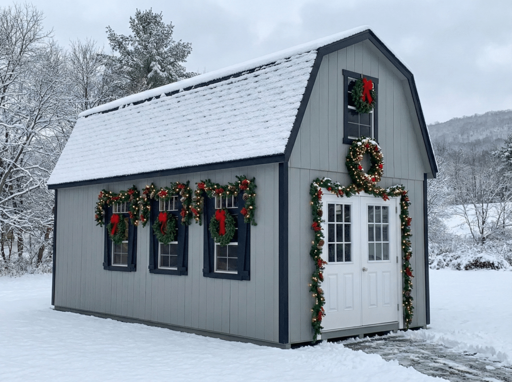 Gray two-story shed decorated for Christmas with wreaths, garland, and red bows, surrounded by snow.