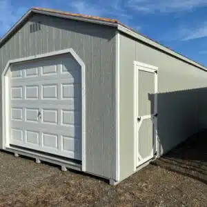 14x40 A Frame Garage with Gap gray Smartside siding, white trim, charcoal gray shingled roof, two 9x7 garage doors, one 36" entry door, and two 24x27 windows.