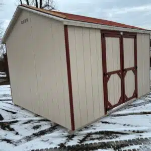 10x12 Carolina A-Frame shed, Model 2029S, with GP Tan Smartside siding, red trim, 3-tab aged redwood shingles, and 5ft double doors.