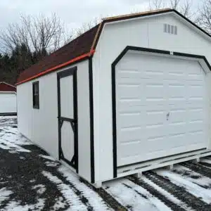 12x24 Smartside Dutch Garage, Model 2034S, painted white with black trim, black shingled roof, and a white garage door.