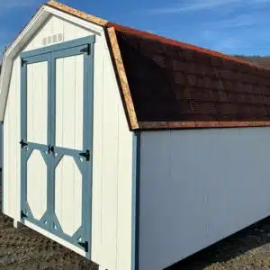 8x10 Carolina Mini Barn, Model 2037S, with white Smartside siding, Riehl blue trim, black shingled roof, and 4ft double doors.