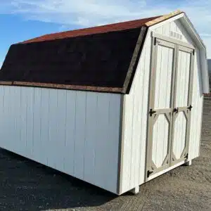 8x10 Carolina Mini Barn, Model 2038S, with white Smartside siding, clay trim, black shingled roof, and 4ft double doors.