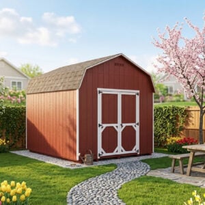 10x12 red Carolina Dutch shed with white trim in a landscaped spring backyard with blooming flowers, model 2048S