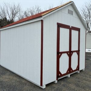Interior of 10x12 Carolina A Frame shed with unfinished wood and window Interior View – 10x12 Carolina A Frame Shed