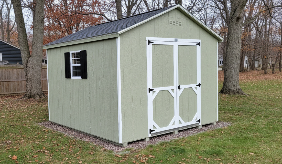 Light green A-frame storage shed with white trim and black shutters, set in a grassy backyard with autumn leaves and bare trees.