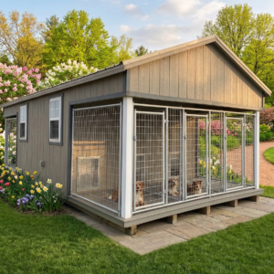 12x24 finished 6-run dog kennel with clay siding, dark gray trim, and desert metal roof, shown in a landscaped yard with dogs inside the secure runs