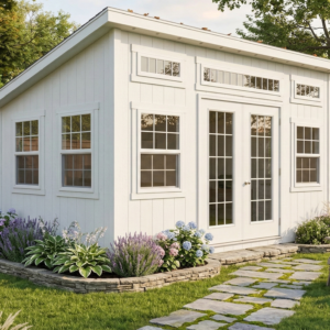 10x16 Classic Leantoo Office with white exterior, double 15-lite glass doors, transom and standard insulated windows, surrounded by blooming spring garden