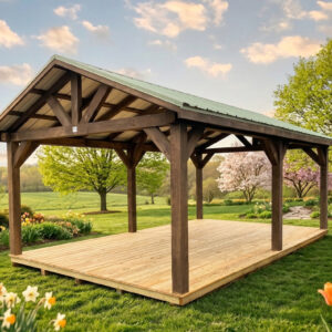 Sunrise Pavilion with Mushroom stain and Colony metal roof set in a lush spring garden surrounded by blooming flowers and green trees