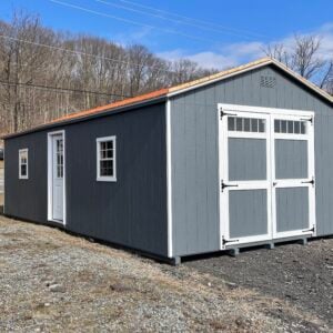 14x30 Smartside A-Frame Garage in Dark Gray with white trim, Dual Gray roof, white double doors with transom windows, side entry door, and two 24x27 windows.