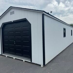 14x40 A-frame garage in white with black trim and black 9x7 garage door (stock model 2056S)