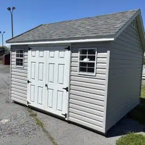 Front view of a 10x12 Pewter vinyl A-frame shed with 5' double doors and two 18x23 windows