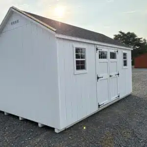 10x16 Carolina A-Frame shed in white with black roof and 5-foot double transom doors