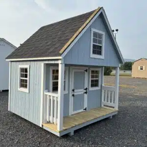 8x8 Cabin Playhouse in GP Blue with white trim, black hardware, and front porch