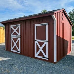 10x16 shed row horse barn in red with Temperate Taupe trim, dual black roof, and Dutch stall door with tack room entry