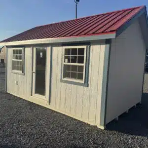 12x16 finished Classic A-Frame shed in white with Reihl Blue trim, crimson metal roof, prehung door with transom, and insulated windows