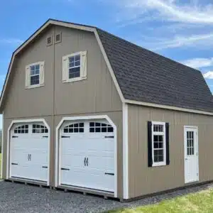 20x20 double wide 2-story Dutch garage in Buckskin with white trim, dual black shutters, and two 8x7 carriage house garage doors